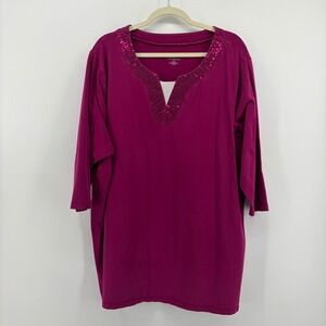 Catherines Liz&Me Plus Size 3X Magenta Sequin Split Neck 3/4 Sleeve Top
